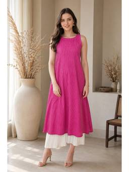 MYSHKA - Women Pink Cotton Blend Round Neck Long Kurta with Palazzo