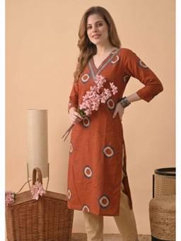 Surhi - Orange Cotton Printed Embroidered Kurta