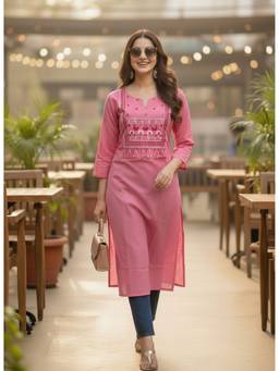 Surhi - Pink Cotton Embroidered Kurta