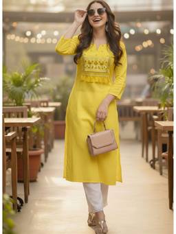 Surhi - Yellow Cotton Embroidered Kurta