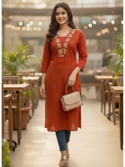 Surhi - Orange Cotton Embroidered Kurta