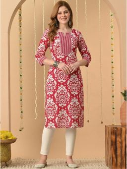 Surhi - Red Cotton Printed Embroidered Kurta