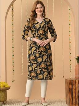 Surhi - Black Cotton Printed Embroidered Kurta