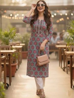Surhi - Grey Cotton Printed Embroidered Kurta