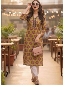 Surhi - Yellow Cotton Printed Embroidered Kurta