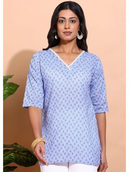Saffe - Blue Floral Printed With Lace Detail Short Kurti