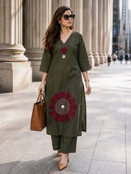 BERRYLICIOUS - Women Green Cotton Mirror Embellished Kurta with Palazzo