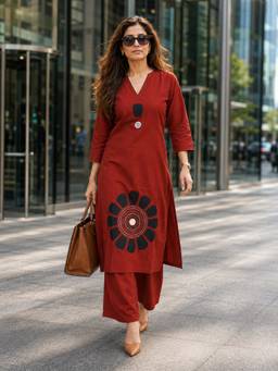 BERRYLICIOUS - Women Orange Cotton Mirror Embellished Kurta with Palazzo
