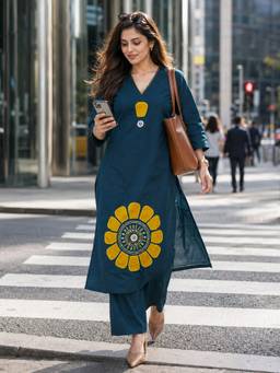 BERRYLICIOUS - Women Teal Cotton Mirror Embellished Kurta with Palazzo