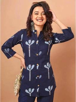 Surhi - Navy Blue Cotton Printed Short Kurti