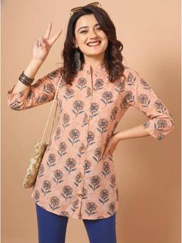 Surhi - Peach Cotton Printed Short Kurti
