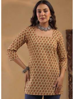 Surhi - Orange Cotton Printed Short Kurti