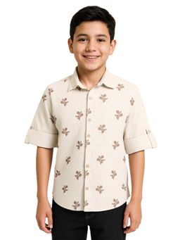 CAVIO - Beige Boys Full Sleeves Embroidered Shirt