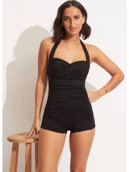 BOLD CURVE - Womens Solid Black Tummy Control High-Waisted Ruffle One-Piece Swimsuit