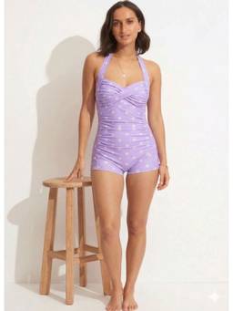 BOLD CURVE - Women Lavender Floral High Waist Tummy Control Swimsuit