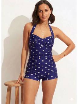 BOLD CURVE - Women Navy Blue Floral High Waist Tummy Control Swimsuit