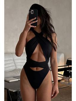 BOLD CURVE - Womens Cross Front Halter Neck One-Piece Swimsuit