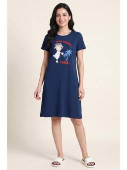 Zivame - Farm Lore Knit Cotton Knee Length Nightdress - Navy Blue