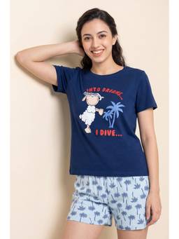 Zivame - Farm Lore Knit Cotton T-Shirt With Short - Navy Blue