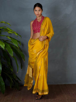 Chidiyaa - Mya Mriga Yellow Hand Block Printed Saree with Unstitched Blouse