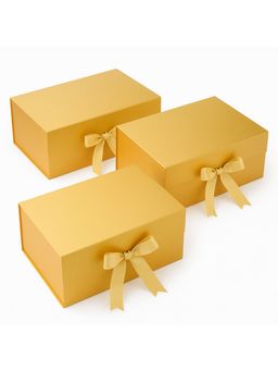 Awestuffs - Gold Gift Box Elegant Folding Gift Boxes with Ribbon (Pack Of 3)