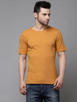 RIGO - Men Mustard Knitted Round Neck Textured Half Sleeves T-Shirt