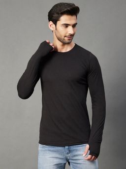 RIGO - Men Black Cotton Round Neck Solid Full Sleeves T-Shirt