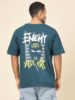 RIGO - Men Teal Terry Round Neck Typographic Print Half Sleeves T-Shirt