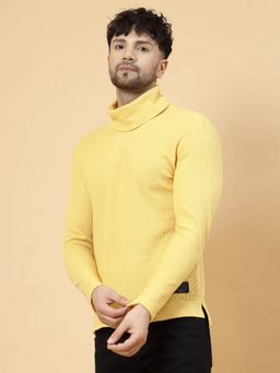 RIGO - Men Yellow Knitted Turtle Neck Textured Full Sleeves T-Shirt