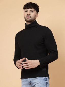 RIGO - Men Black Knitted Turtle Neck Textured Full Sleeves T-Shirt