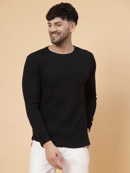 RIGO - Men Black Knitted Round Neck Textured Full Sleeves T-Shirt