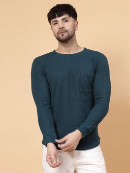 RIGO - Men Teal Knitted Round Neck Textured Full Sleeves T-Shirt