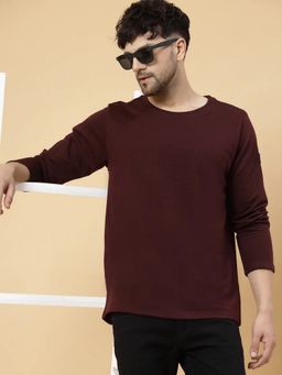 RIGO - Men Wine Terry Round Neck Solid Full Sleeves T-Shirt