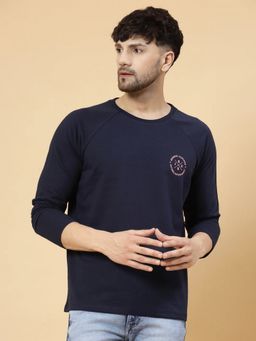 RIGO - Men Navy Blue Terry Round Neck Solid Full Sleeves T-Shirt