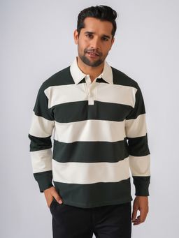Perch - Men Green Cotton Collar Neck Striped Full Sleeves Polo T-Shirt