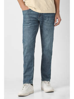 Peter England - Blue Cotton Blend Regular Fit Solid/Plain Mid Waist Jeans