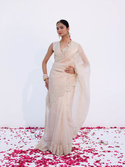 CHARU MAKKAR - Myra Pearl White Saree with Stitched Blouse