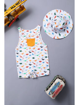 One Friday - Baby Boys White Cotton Square Shape Dungaree With Cap (Set of 2)