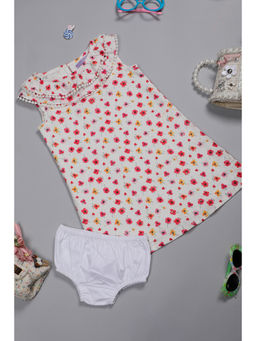 One Friday - Baby Girls Off White Floral Schiffly Cotton Dress With Bloomer (Set of 2)