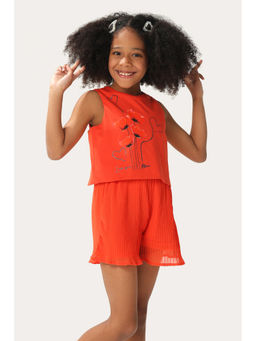 One Friday - Girls Red Cotton Blend Pleated Short Jumpsuit