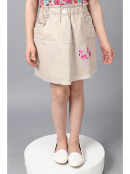 One Friday - Girls Beige Cotton Straight Fit Embroidered Skirt