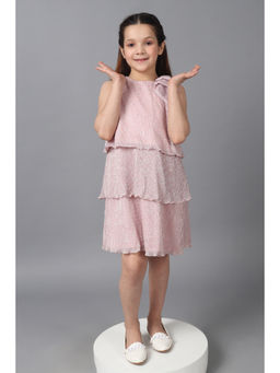 One Friday - Girls Pink Pleated Sleeves Glitter Layered Dress