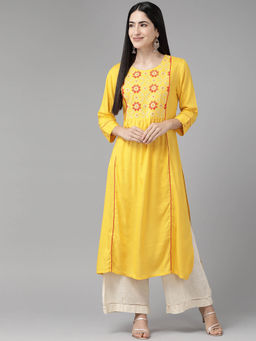CAYMAN - Floral Yoke Design Pure Cotton Kurta-Yellow