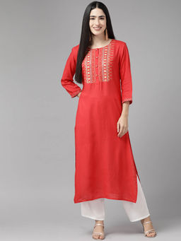 CAYMAN - Ethnic Motifs Yoke Design Thread Work Pure Cotton Kurta-Red
