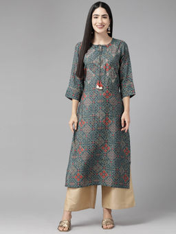 CAYMAN - Ethnic Motifs Printed Pure Cotton Kurta-Green