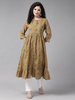 CAYMAN - Ethnic Motifs Printed Tiering Kurta-Mustard