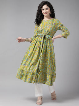 CAYMAN - Ethnic Motifs Printed Tiering Kurta with Belt-Green
