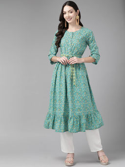 CAYMAN - Ethnic Motifs Printed Tiering Kurta with Belt-Turquoise