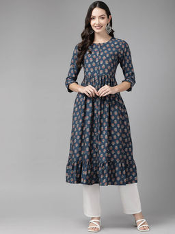 CAYMAN - Floral Printed Pure Cotton Kurta-Navy Blue