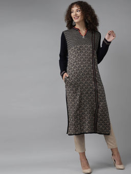 CAYMAN - Woven Design Long Sleeves Mandarin Collar Straight Woolen Kurta-Black